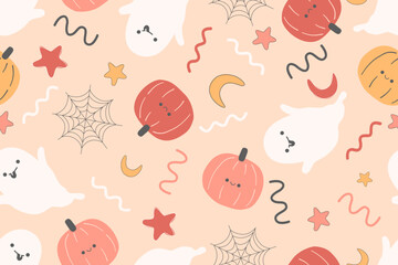 Seamless Halloween pattern with Spider web pumpkin  ghost star and moon