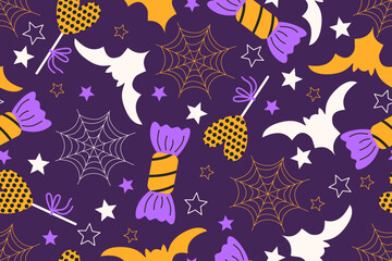 Seamless Halloween pattern with Spider webs bats candy hearts and stars	