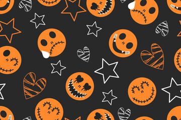 Seamless Halloween pattern with ghosts stars and heart