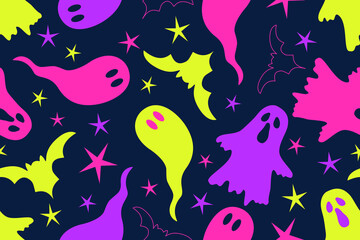 Seamless Halloween pattern with ghosts stars and bats