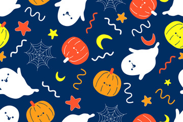 Seamless Halloween pattern with Spider web pumpkin  ghost star and moon