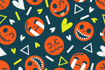 Seamless Halloween pattern with ghosts geometric and heart