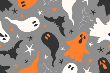 Seamless Halloween pattern with ghosts stars and bats