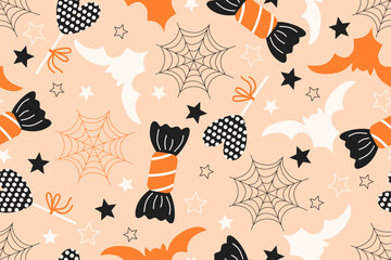 Seamless Halloween pattern with Spider webs bats candy hearts and stars	