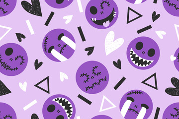 Seamless Halloween pattern with ghosts geometric and heart