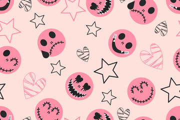 Seamless Halloween pattern with ghosts stars and heart