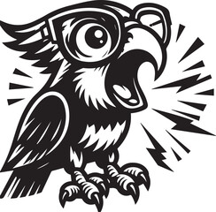 A graphic illustration of a parrot wearing glasses and holding a megaphone, exuding a strong announcement or communication vibe in black and white.