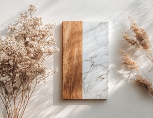 A rectangular serving board, half wood, half white marble, rests on a white surface flanked by dried beige flowers and grasses casting shadows