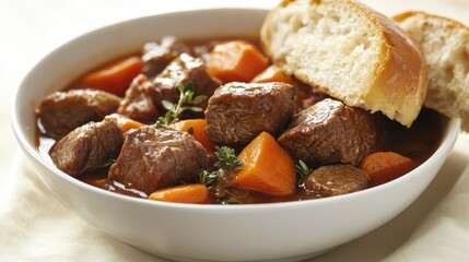 Hearty Beef Stew with Vegetables and Fresh Bread on Table