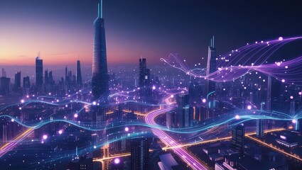Fototapeta premium Futuristic city skyline with glowing data streams and modern architecture at dusk with purple hues