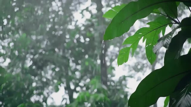 Captivating rain falling on green leaves in a lush forest, a peaceful natural scene and relaxing