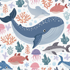 Cute underwater seamless vector pattern with whales, fish, octopus, coral and bubbles, child