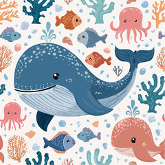 Cute underwater seamless vector pattern with whales, fish, octopus, coral and bubbles, child