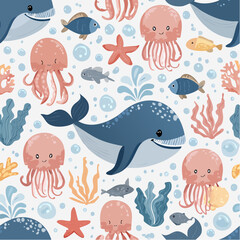 Cute underwater seamless vector pattern with whales, fish, octopus, coral and bubbles, child