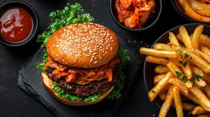 Juicy burger with kimchi, crispy fries, and dipping sauces on table