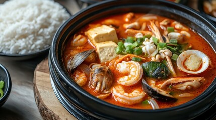 Delicious seafood stew served with rice and fresh herbs in bowl