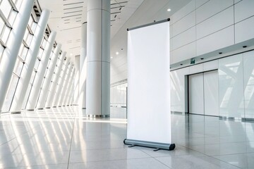 Hyper-realistic roll-up banner mockup in futuristic studio with soft holographic lighting, glowing tech elements, editable surface, minimal shadows, perfect for branding and presentations.

