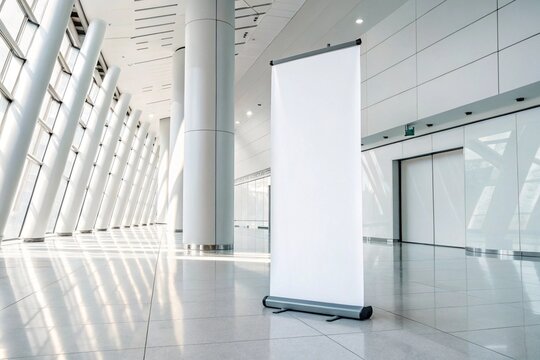 Hyper-realistic roll-up banner mockup in futuristic studio with soft holographic lighting, glowing tech elements, editable surface, minimal shadows, perfect for branding and presentations.

