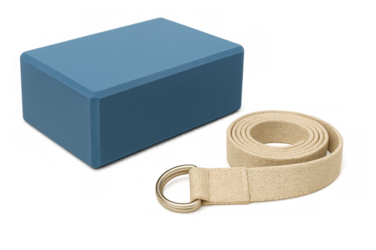 Yoga props - block, strap - supporting stretching, flexibility, wellness practice against clean transparent background