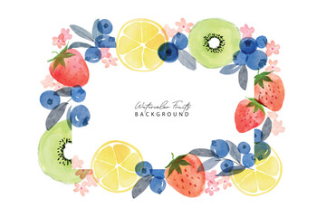 Set of summer fruits watercolor art pattern frame background. Sweet kiwi, strawberry, blueberry and lemon in frame.Summer fruits pattern. Fruit berry background. Watercolor fruit texture