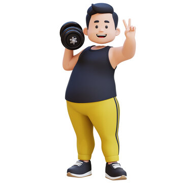 3D Plus Size Overweight obesse man with Dumbbells giving peace sign