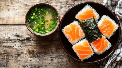 Fresh Sushi with Salmon and Miso Soup on Rustic Wooden Table