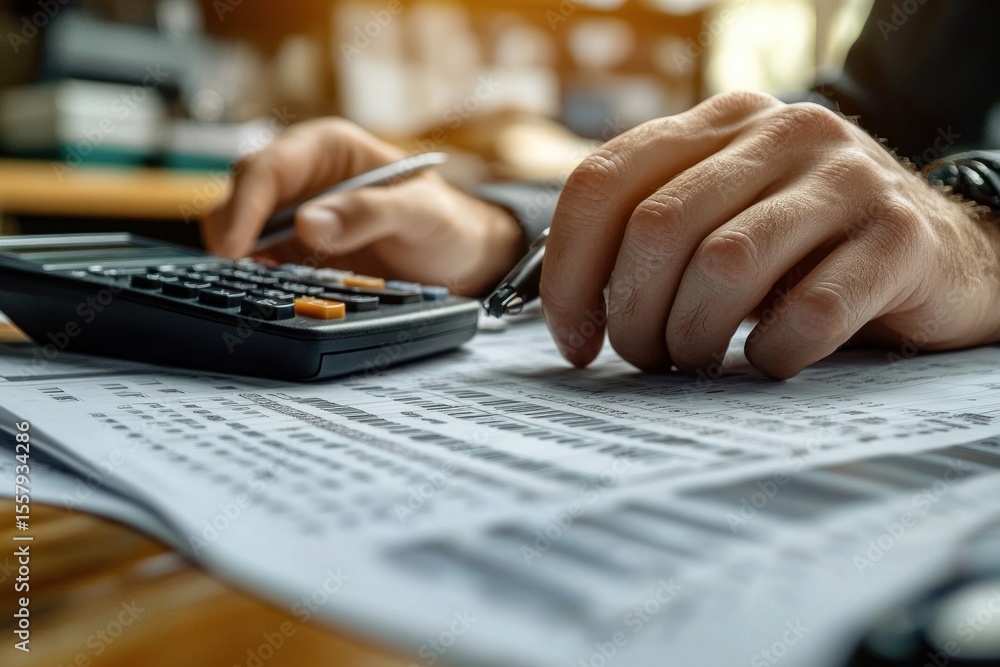 Poster close-up of a person using a calculator and pen to review financial documents on a wooden table, foc
