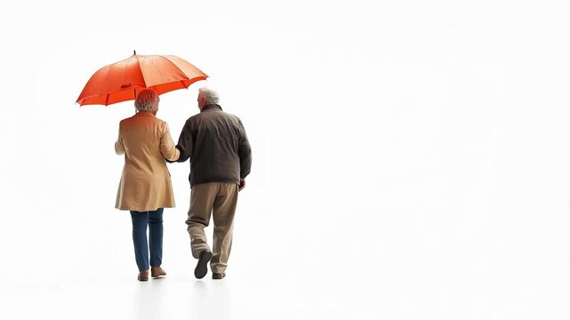 Old couple, arm in arm, walks under an umbrella against a plain white background. Copy space.