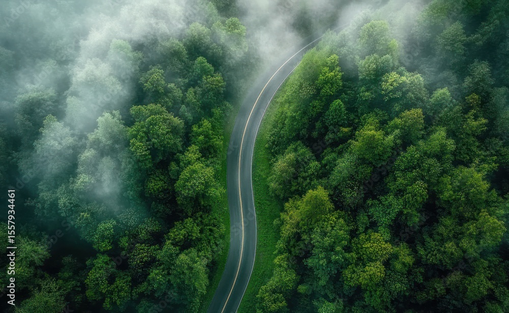 Poster a winding road cutting through a dense green forest enveloped in misty fog creating a mysterious and