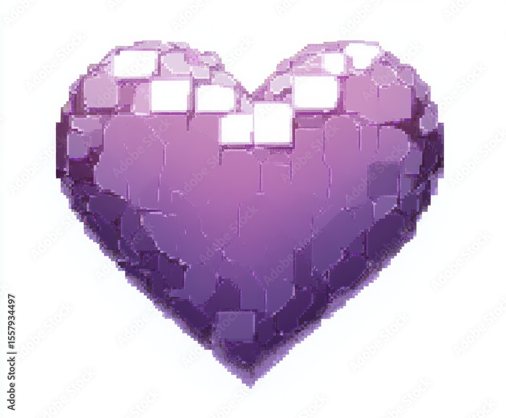 Poster three-dimensional purple heart composed of cubic pixel blocks with a reflective and digital appearan