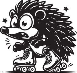 An enthusiastic hedgehog enjoys roller skating, portrayed in a striking black and white cartoon illustration full of energy and charm.