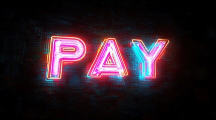 Obraz premium Bright neon glowing sign displaying the word pay with pink, red, and blue colors against a dark textured background evoking urgency and digital style