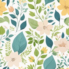 Elegant botanical vector pattern, hand-drawn style, delicate leaves and flowers with a soft.