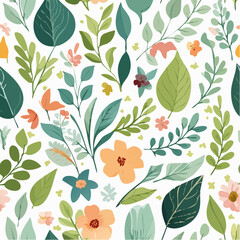 Elegant botanical vector pattern, hand-drawn style, delicate leaves and flowers with a soft.