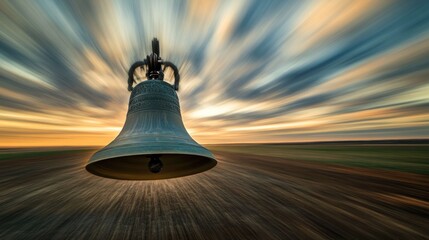 A bell suspended in motion against a vibrant sunset sky