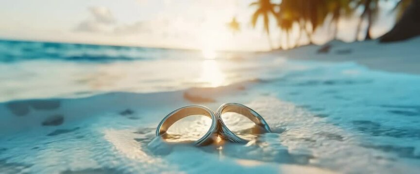 Two gold wedding rings are on a white sandy beach. The beach is near the ocean and has palm trees in the background. The scene is serene and romantic, with the rings symbolizing the love