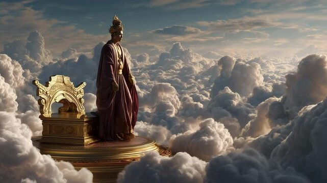 Photorealistic depiction of Metteyya Maitreya, the future Buddha, seated on a golden throne amidst ethereal clouds, exuding serenity and hope. Inspired by Buddhist teachings.