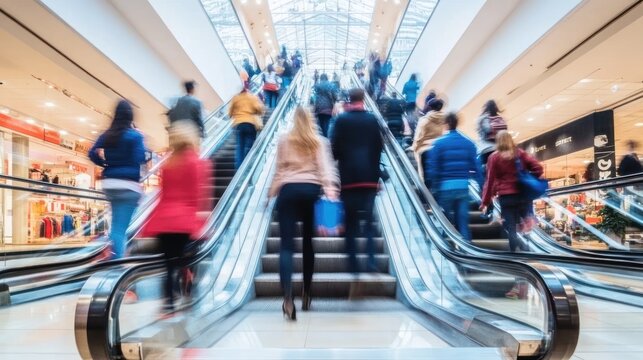 Crowded escalators in a large shopping mall