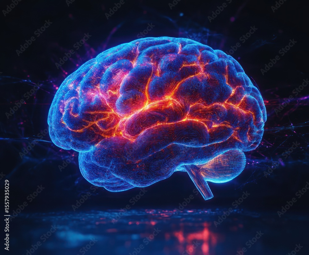 Poster glowing digital representation of a human brain showing illuminated neural pathways in vibrant blue 