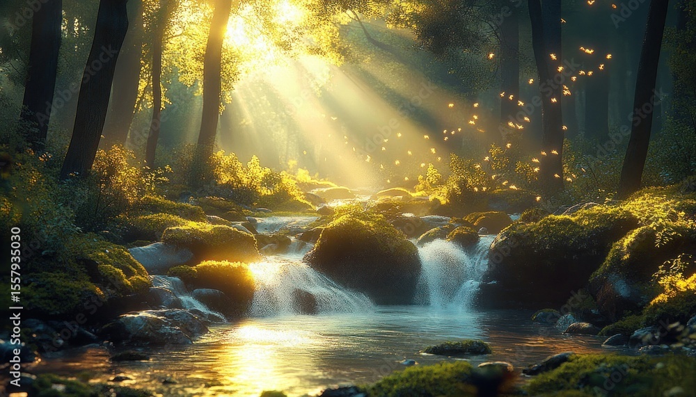 Poster sunlight filtering through tall forest trees onto a gentle flowing stream surrounded by moss-covered