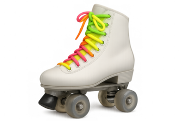 Vintage roller skate with colorful rainbow laces, resting on transparent surface, ideal for design works
