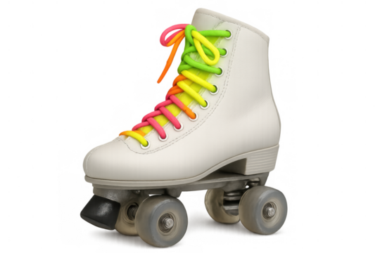 Vintage roller skate with colorful rainbow laces, resting on transparent surface, ideal for design works