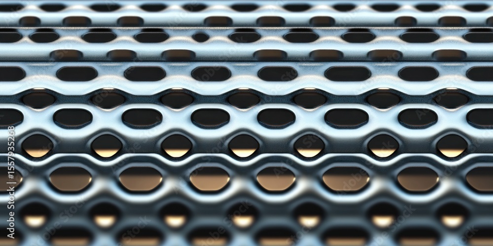 Poster close-up view of a metallic perforated surface with evenly spaced oval holes creating a repeating ge