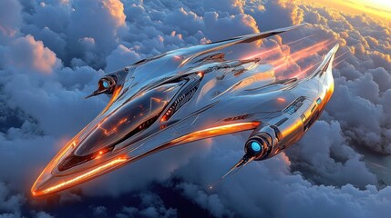Futuristic spaceship soars through dramatic clouds at sunrise