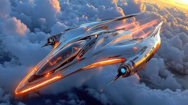Futuristic spaceship soars through dramatic clouds at sunrise