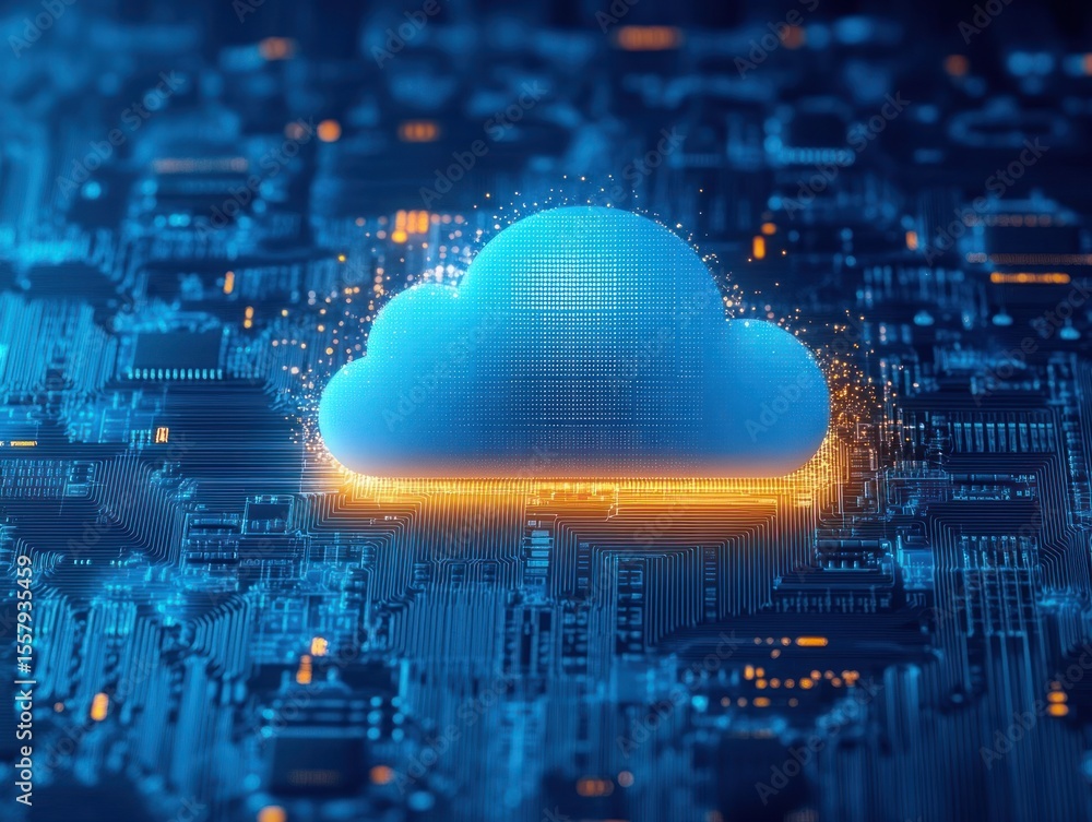 Poster glowing blue cloud icon representing digital cloud technology on a circuit board with orange illumin