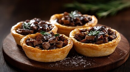Savory Miniature Pies with Meat Filling and Garnish on Wooden Board