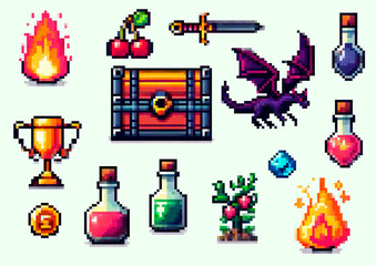 Pixel art vector illustration pack with colorful RPG game items: potions, chest, fire, dragon, sword, trophy, coin, and gems. Retro pixel style with bright hues, popular in indie games.