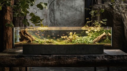 Rectangular aquarium with planted landscape, fish, and driftwood