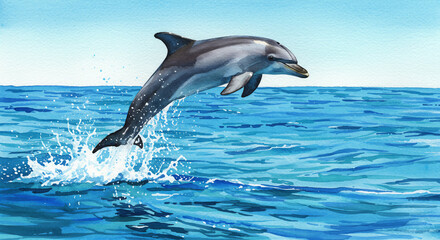Fototapeta premium Watercolor painting of a dolphin jumping over ocean waves with bright blue tones and dynamic sea splashes